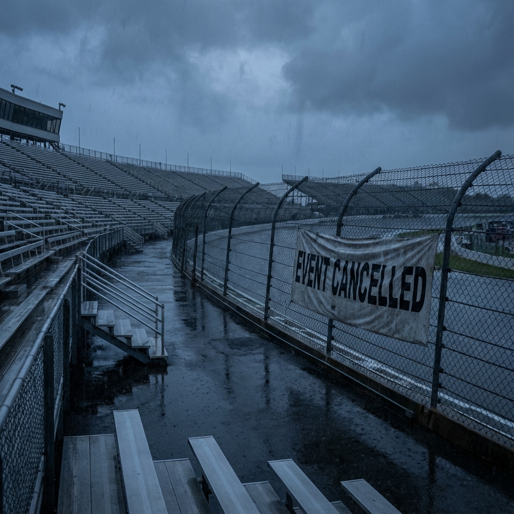 Empty stands in the rain